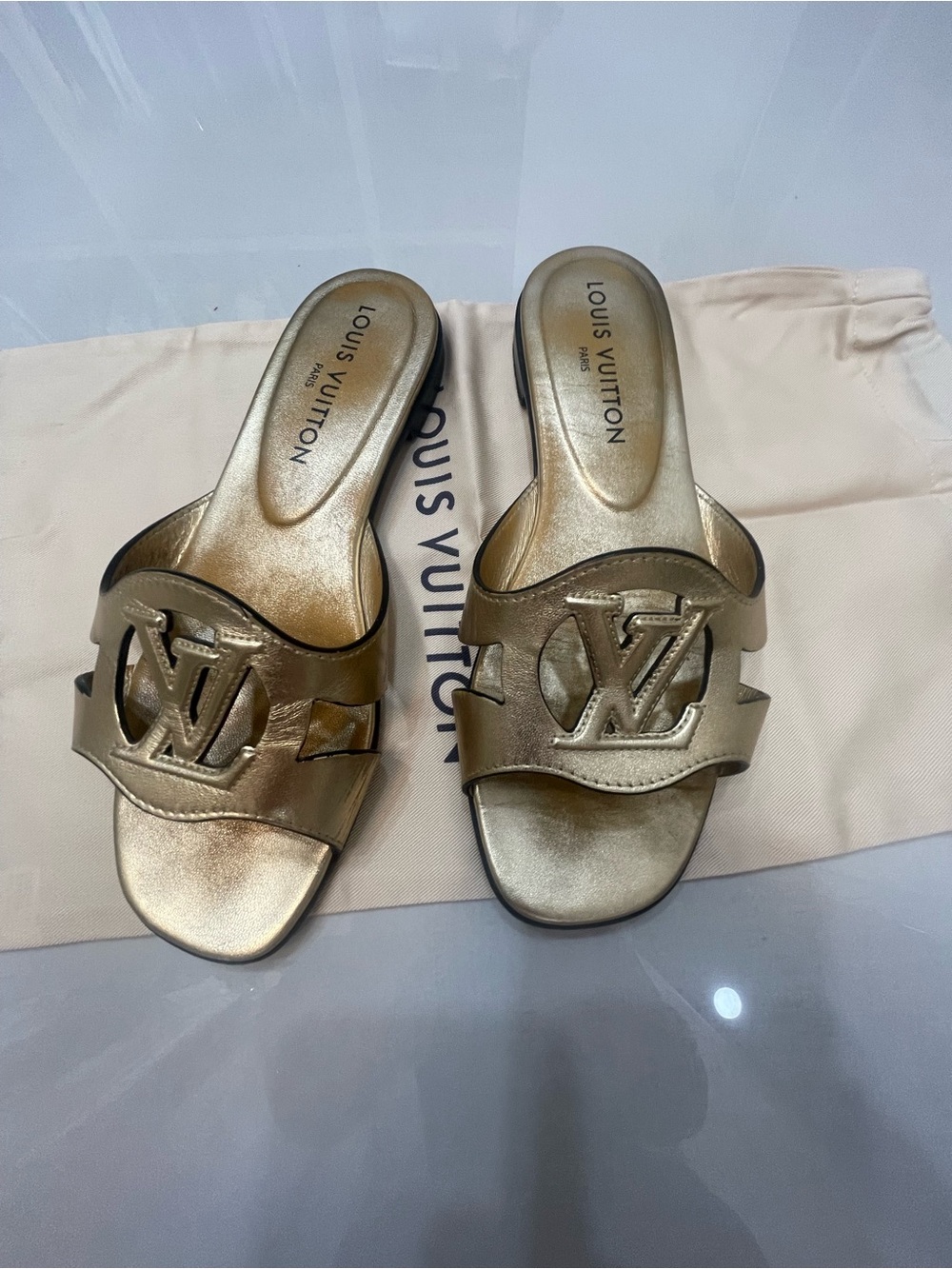 Louis Vuitton Metallic Gold LV Logo Slide Mules Size 38 - Picture 3 of 9